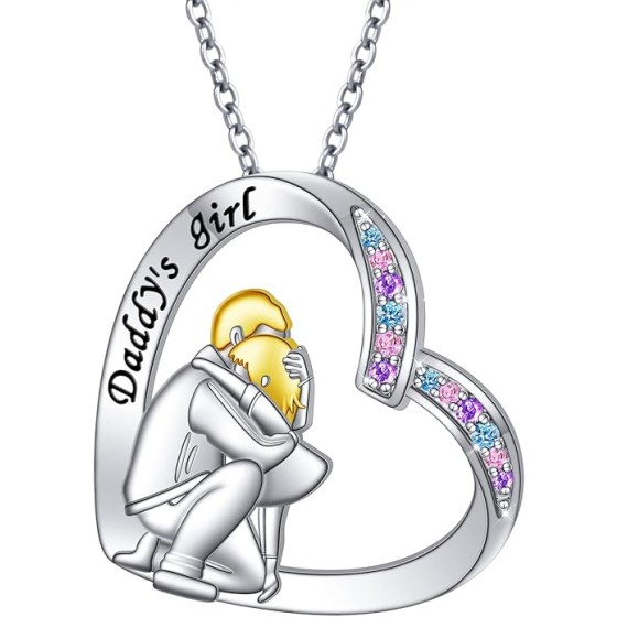 Alphm S925 Sterling Silver Father Daughter Heart Pendant Necklace Jewelry from Dad Mom