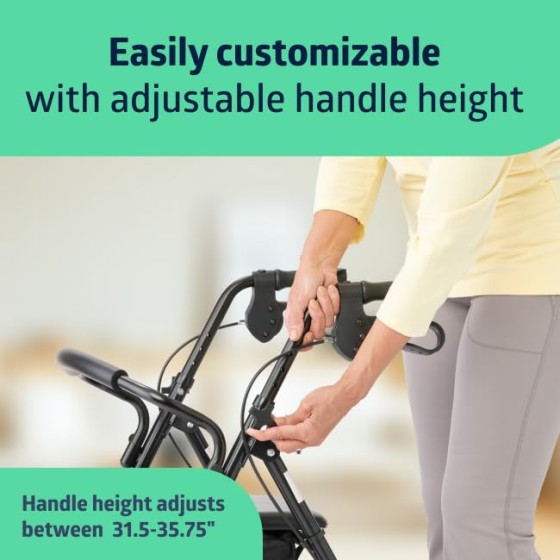 Medline Lightweight Aluminum Rollator Walker for Adult Mobility Impairment, Black, 300 lb. Weight Capacity, 8" Wheels, Foldable, Adjustable Handles, Walker for Seniors