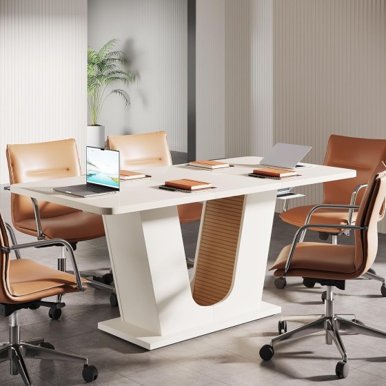 Tribesigns 55-Inch Conference Table, Rectangular Small Meeting Table for 4-6 People, Modern Seminar Table with U-Shaped Base for Office Conference Room, Cream White