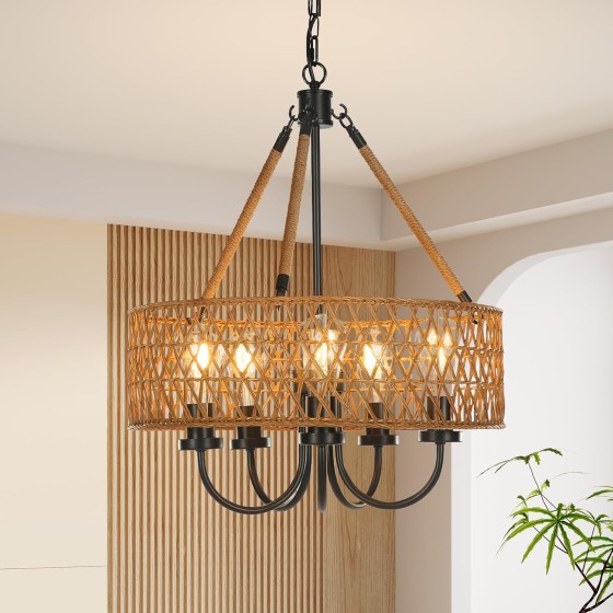 Tribesigns Farmhouse Chandeliers for Dining Room, 5-Light Rattan Boho Chandeliers, Hand-Woven Pendant Lighting, Rustic Hanging Light Fixture for Kitchen Island Bedroom Living Room
