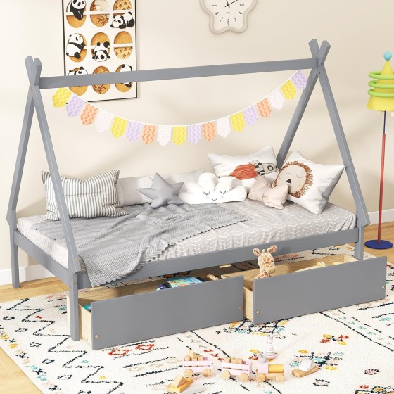 Giantex Twin Bed Frame with 2 Storage Drawers, Wood House Tent Platform Bed Frame with Triangle Structure, Montessori Low Bed, No Box Spring Required, Teepee Bed for Kids Girls Boys